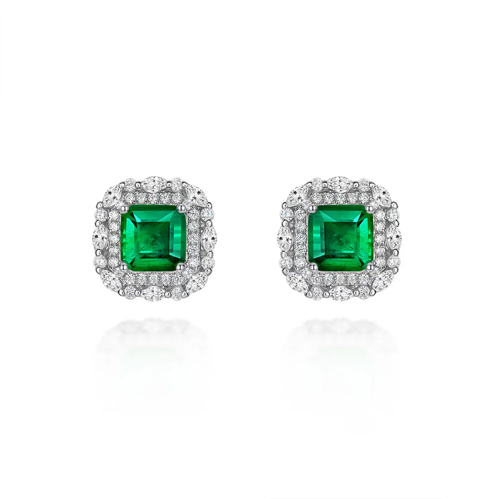 2 Carat Emerald-Cut Green Doublet Emerald Earring | Minimalism Halo Design for Elegance