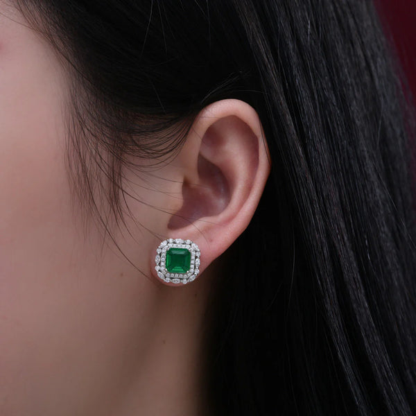 2 Carat Emerald-Cut Green Doublet Emerald Earring | Minimalism Halo Design for Elegance