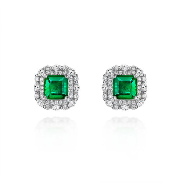 2 Carat Emerald-Cut Green Doublet Emerald Earring | Minimalism Halo Design for Elegance