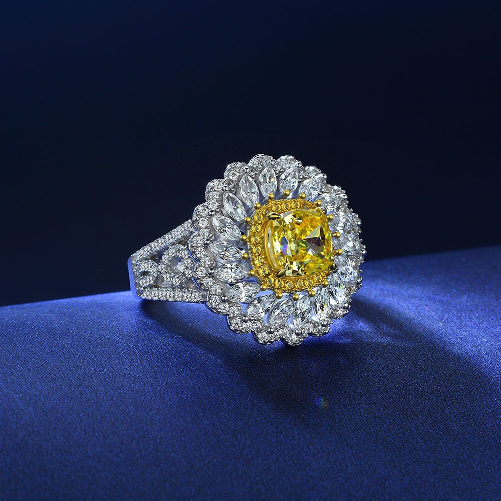 Discover our 6-carat Cushion-cut Daisy Flower diamond ring, featuring a stunning halo design. Perfect for weddings, anniversaries, and special moments.