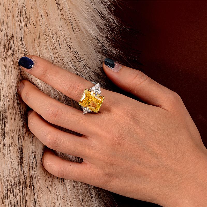 10 Carat Canary Yellow Brilliant Emerald Cut Lab-Grown Diamond Anniversary Ring |Three Stone Ring