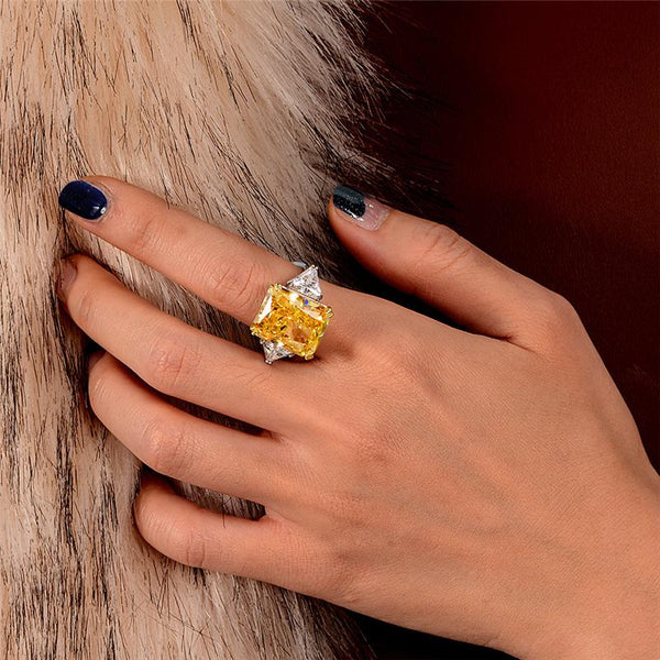 10 Carat Canary Yellow Brilliant Emerald Cut Lab-Grown Diamond Anniversary Ring |Three Stone Ring
