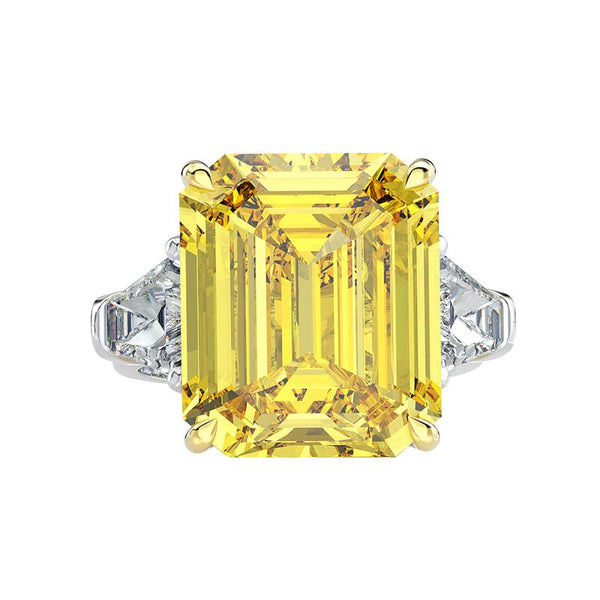 10 Carat Canary Yellow Brilliant Emerald Cut Lab-Grown Diamond Anniversary Ring |Three Stone Ring