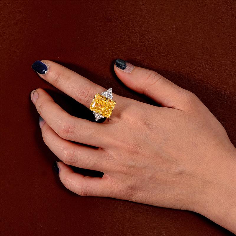10 Carat Canary Yellow Brilliant Emerald Cut Lab-Grown Diamond Anniversary Ring |Three Stone Ring
