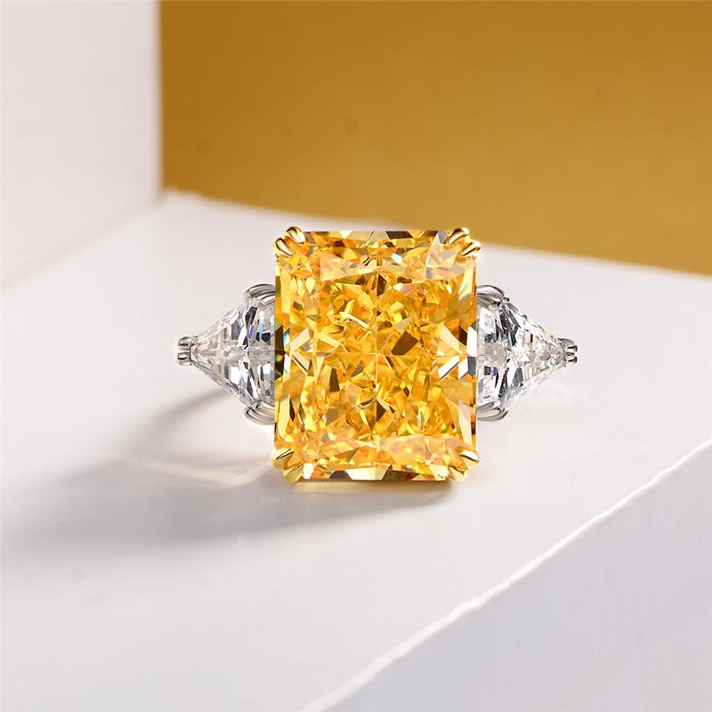 10 Carat Canary Yellow Brilliant Emerald Cut Lab-Grown Diamond Anniversary Ring |Three Stone Ring
