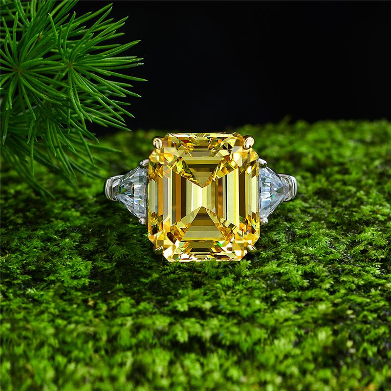 10 Carat Canary Yellow Brilliant Emerald Cut Lab-Grown Diamond Anniversary Ring |Three Stone Ring