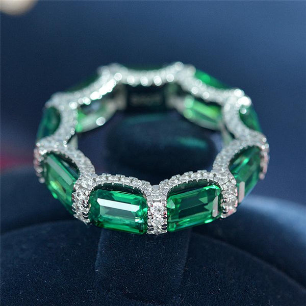 12 Carat Eternity Vivid Green Emerald Simulant Ring | Best Wedding Ring. A minimalist eternity design perfect for luxurious engagements.