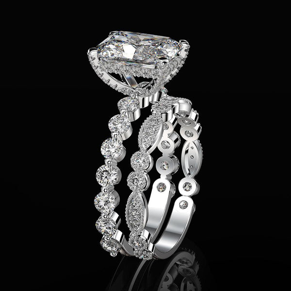 2-carat D-color cushion-cut diamond wedding ring set with luxury halo design, perfect for engagements and weddings.