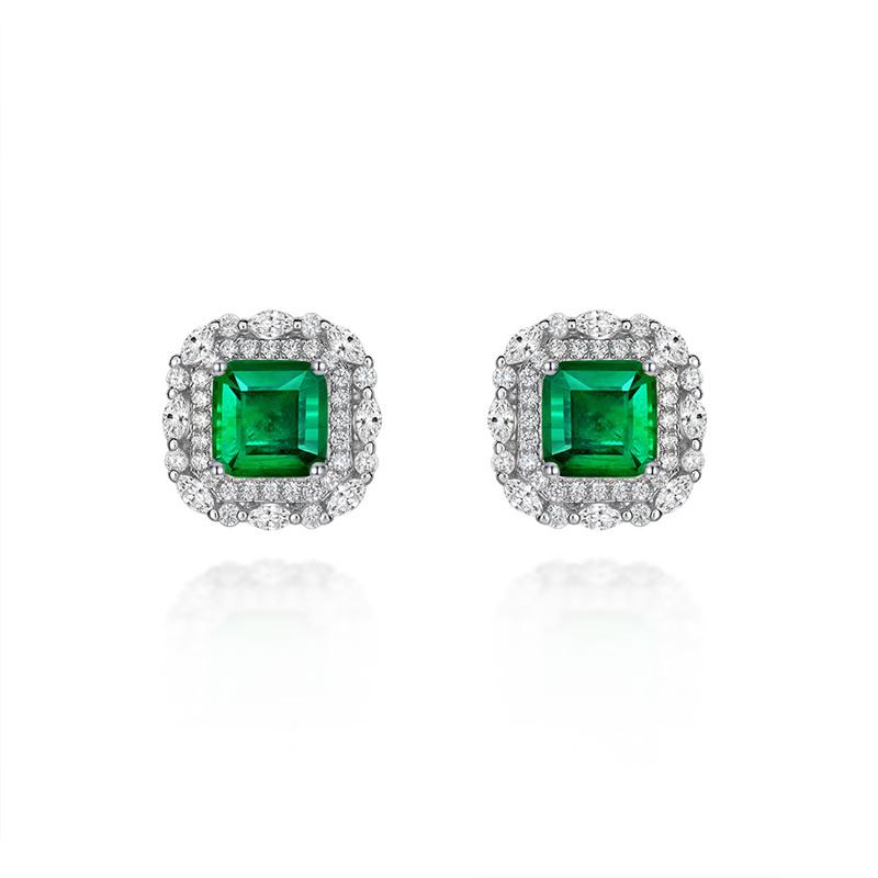 2 Carat Emerald-Cut Green Doublet Emerald Earring | Minimalism Halo Design for Elegance