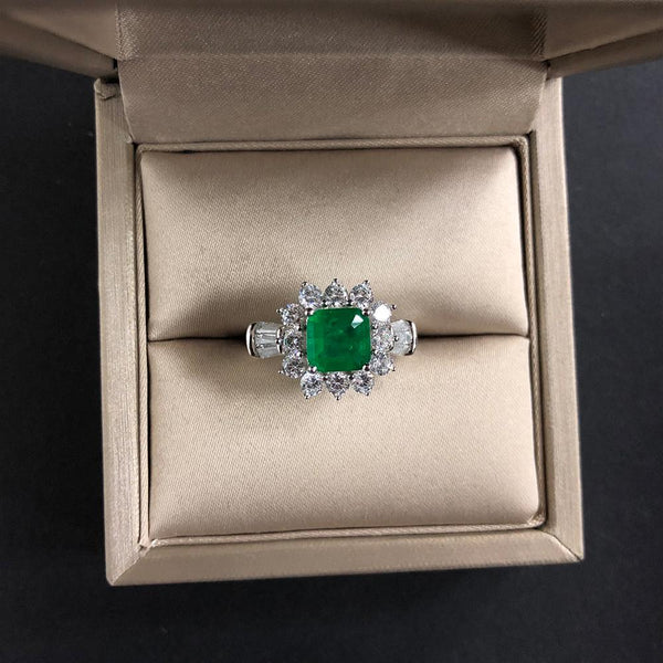 2 Carat Emerald-Cut Green Doublet Emerald Ring | Best Engagement Halo Design for Elegance Ring