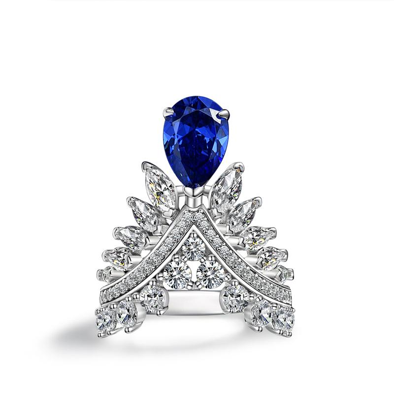 2 Carat Genuine Lab-Grown Pear-Shaped Blue Sapphire Ring | Luxury Angel Wing Style | Best Gift For Her