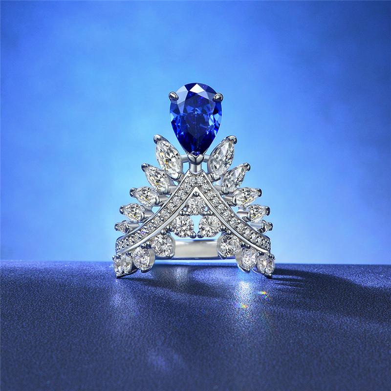 2 Carat Genuine Lab-Grown Pear-Shaped Blue Sapphire Ring | Luxury Angel Wing Style | Best Gift For Her