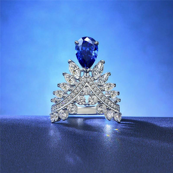 2 Carat Genuine Lab-Grown Pear-Shaped Blue Sapphire Ring | Luxury Angel Wing Style | Best Gift For Her