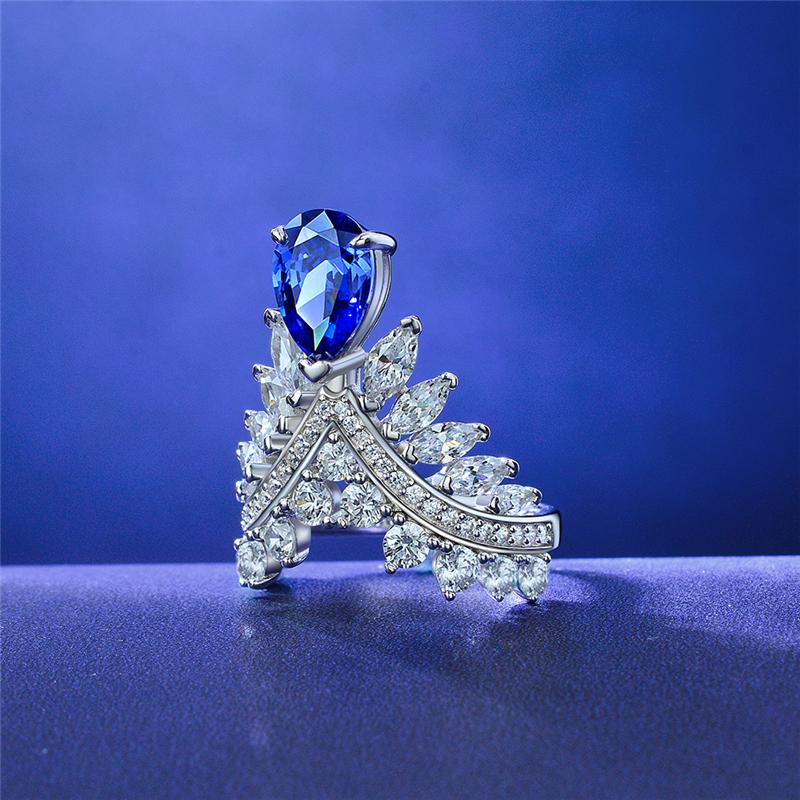 2 Carat Genuine Lab-Grown Pear-Shaped Blue Sapphire Ring | Luxury Angel Wing Style | Best Gift For Her