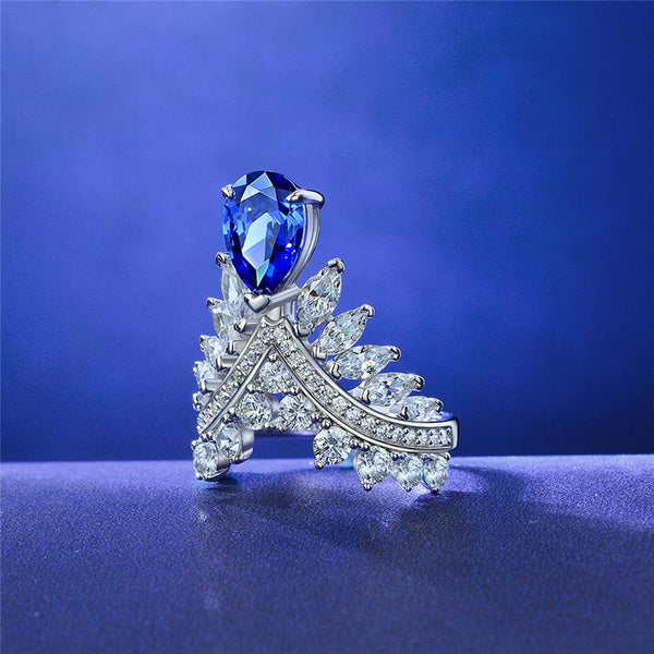 2 Carat Genuine Lab-Grown Pear-Shaped Blue Sapphire Ring | Luxury Angel Wing Style | Best Gift For Her