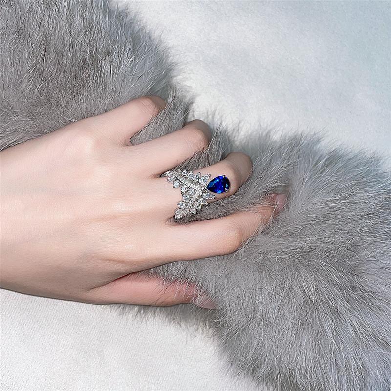 2 Carat Genuine Lab-Grown Pear-Shaped Blue Sapphire Ring | Luxury Angel Wing Style | Best Gift For Her