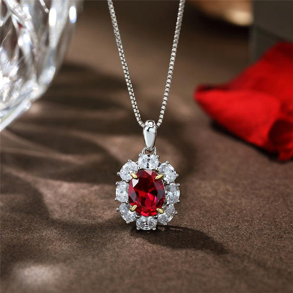 2 Carat Genuine Lab-Grown Red Ruby Oval Shape Pendant | Luxury Halo Pendant Best Gift For Her