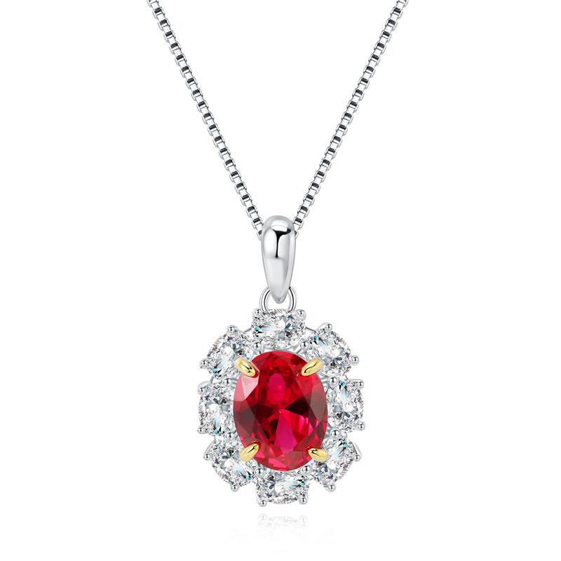 2 Carat Genuine Lab-Grown Red Ruby Oval Shape Pendant | Luxury Halo Pendant Best Gift For Her
