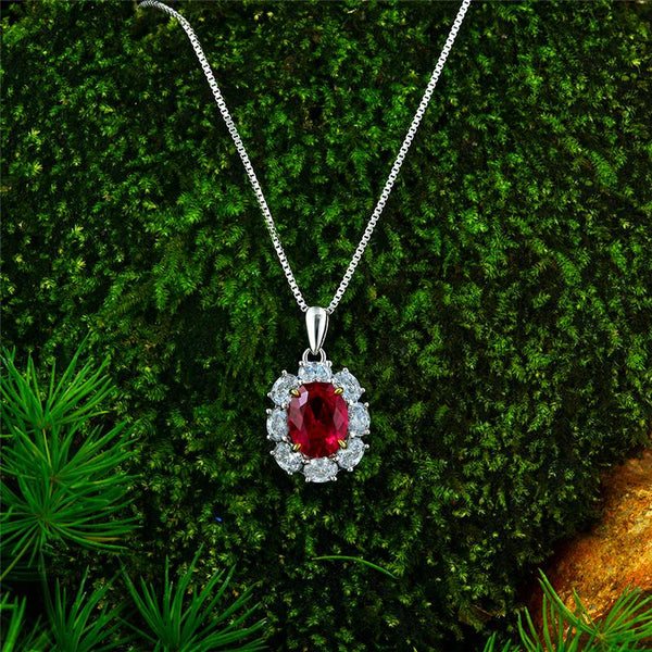 2 Carat Genuine Lab-Grown Red Ruby Oval Shape Pendant | Luxury Halo Pendant Best Gift For Her