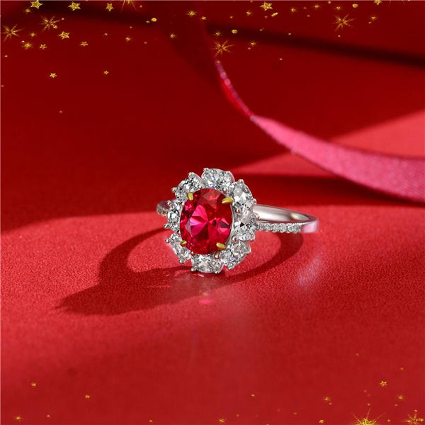 2 Carat Genuine Lab-Grown Red Ruby Oval Shape Ring | Luxury Halo Engagement Ring Best Gift For Her