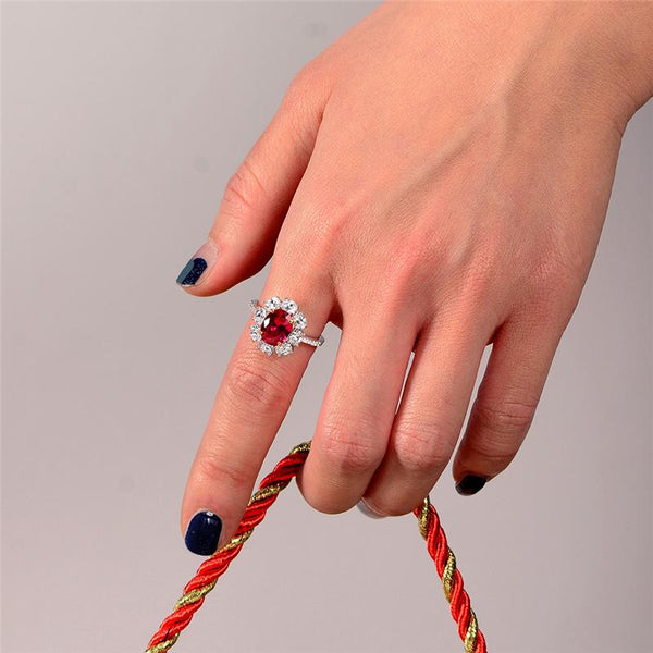 2 Carat Genuine Lab-Grown Red Ruby Oval Shape Ring | Luxury Halo Engagement Ring Best Gift For Her