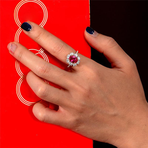 2 Carat Genuine Lab-Grown Red Ruby Oval Shape Ring | Luxury Halo Engagement Ring Best Gift For Her