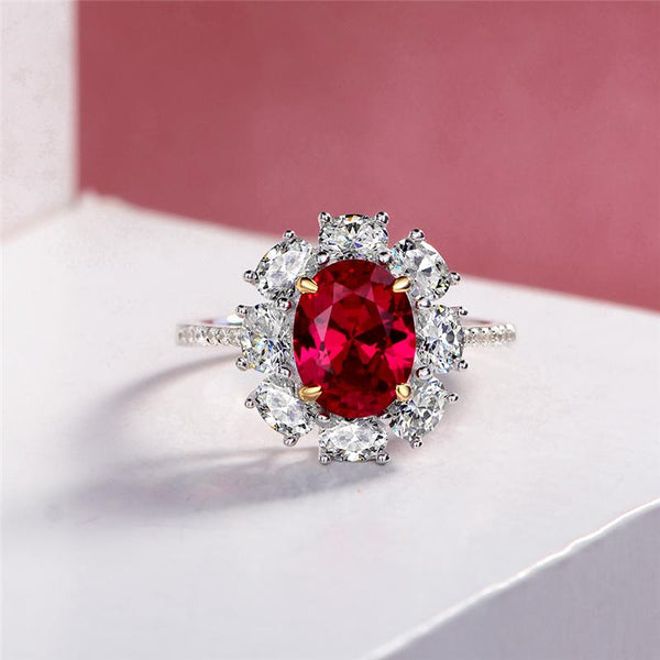 2 Carat Genuine Lab-Grown Red Ruby Oval Shape Ring | Luxury Halo Engagement Ring Best Gift For Her