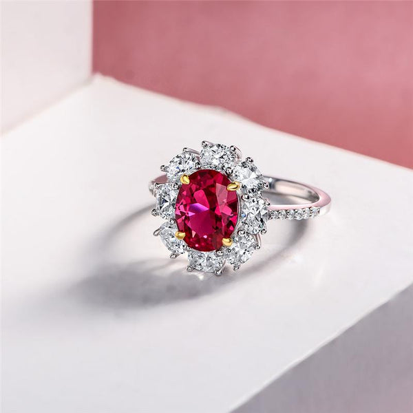 2 Carat Genuine Lab-Grown Red Ruby Oval Shape Ring | Luxury Halo Engagement Ring Best Gift For Her