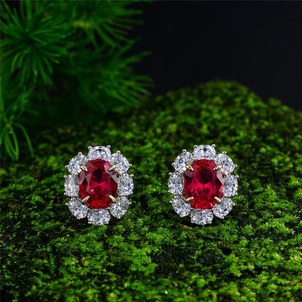 2 Carat Genuine Lab-Grown Ruby Oval Shape Earring Stud | Luxury Halo Earring Best Gift For Her