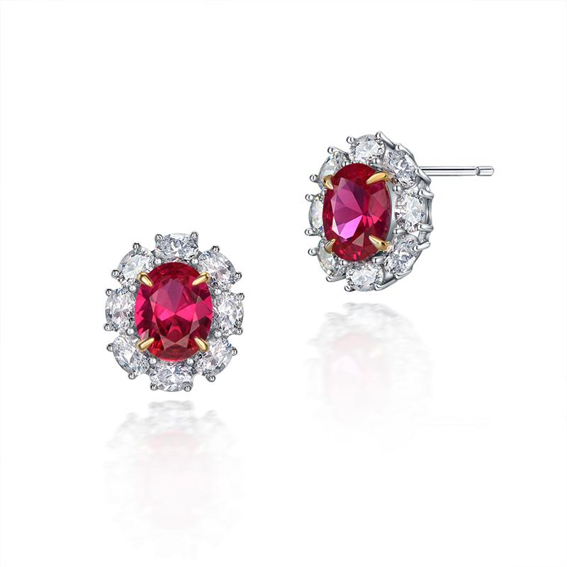 2 Carat Genuine Lab-Grown Ruby Oval Shape Earring Stud | Luxury Halo Earring Best Gift For Her