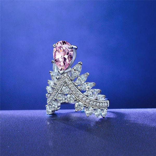 2 Carat Vivid Pink Pear Cut Diamond Simulant Cocktail Angel Wing Ring| Best Gift For Her