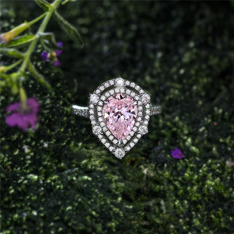 2 Carat Vivid Pink Pear Cut Diamond Simulant Double Halo Cocktail Ring| Best Gift For Her