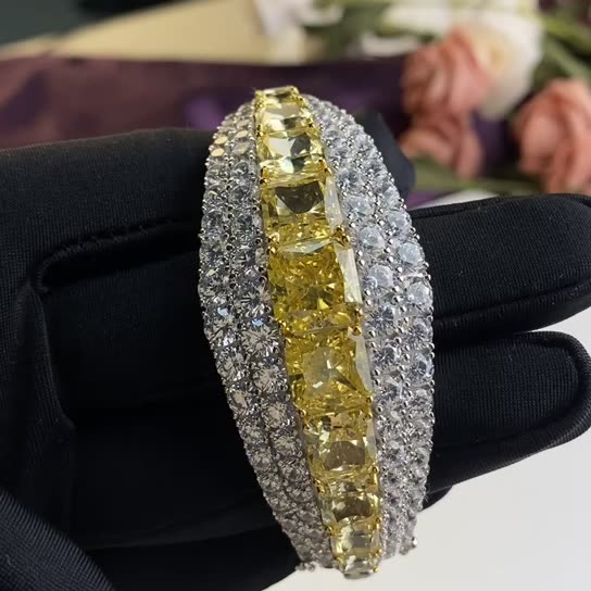 30+ Carat Princess Cut Vivid Yellow Diamond Bracelet Featuring Pavé-Set | Luxury Statement Jewelry