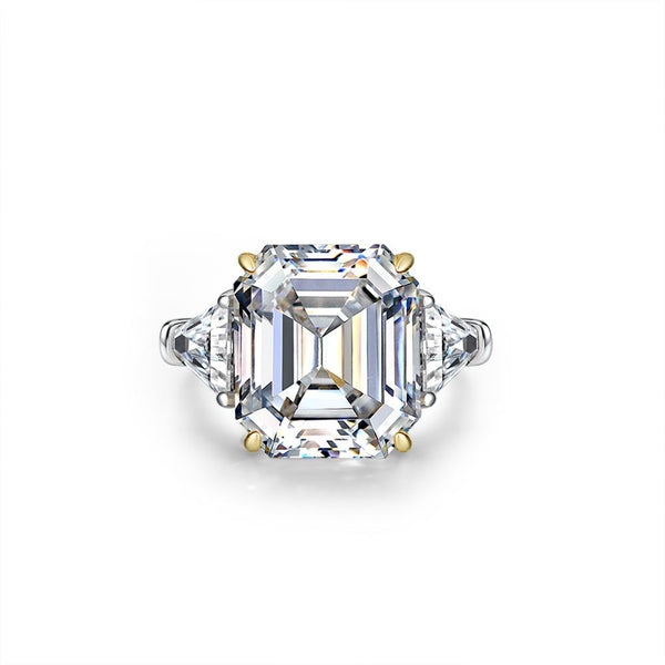 3-carat emerald-cut D-color diamond three-stone ring, luxury wedding or engagement jewelry with timeless elegance.