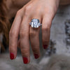3-carat emerald-cut D-color diamond three-stone ring, luxury wedding or engagement jewelry with timeless elegance.
