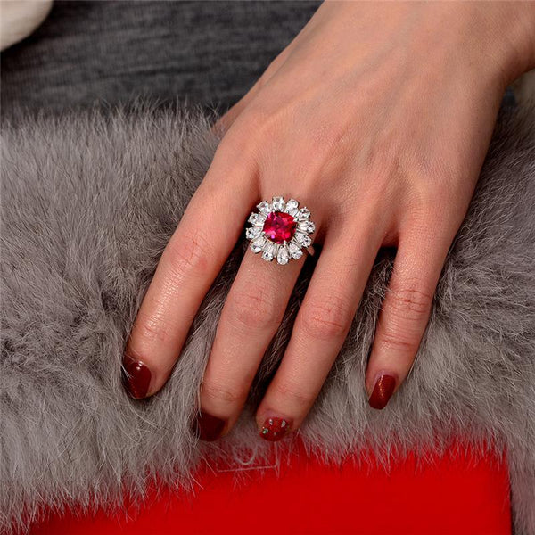 3 Carat Genuine Lab-Grown Red Ruby Cushion Halo Ring | Luxury Halo Engagement Ring Best Gift For Her