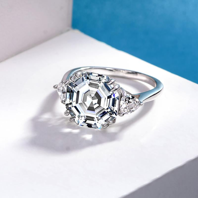 3 Carat Hexagon Step-Cut D Color Diamond Ring | Luxury Halo Design for Engagement