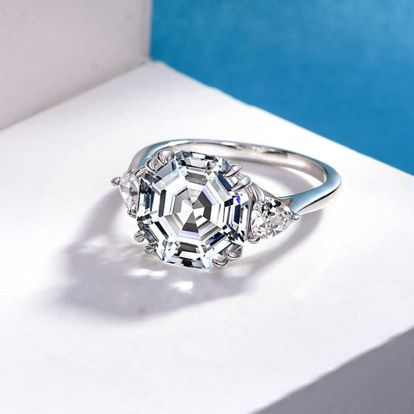 3 Carat Hexagon Step-Cut D Color Diamond Ring | Luxury Halo Design for Engagement