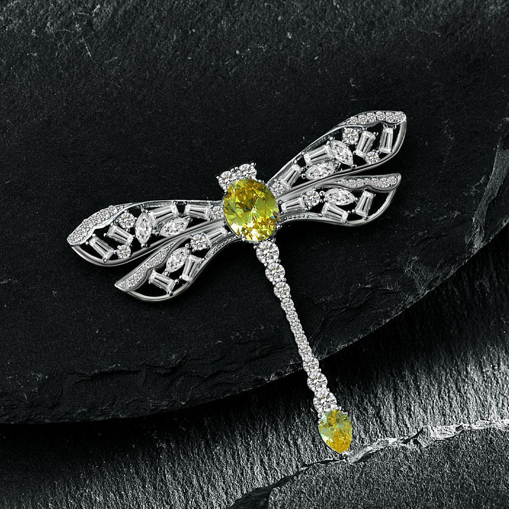 3 Carat Oval-Cut Yellow Diamond Simulant Dragonfly Brooch | Nature-Inspired Luxury Jewelry