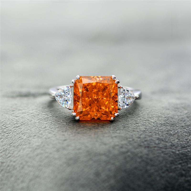 3 Carat Radiant-Cut Sunset Fiery Orange Padparadscha Simulant Three Stone Anniversary Ring