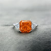 3 Carat Radiant-Cut Sunset Fiery Orange Padparadscha Simulant Three Stone Anniversary Ring