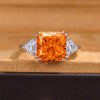 3 Carat Radiant-Cut Sunset Fiery Orange Padparadscha Simulant Three Stone Anniversary Ring