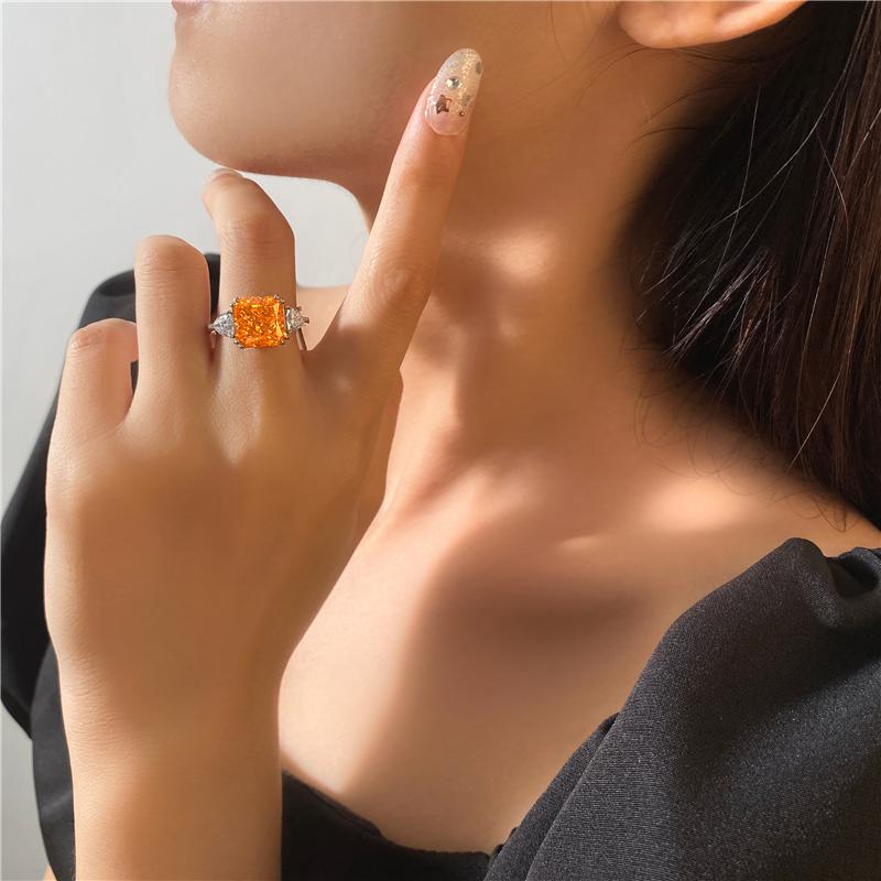 3 Carat Radiant-Cut Sunset Fiery Orange Padparadscha Simulant Three Stone Anniversary Ring