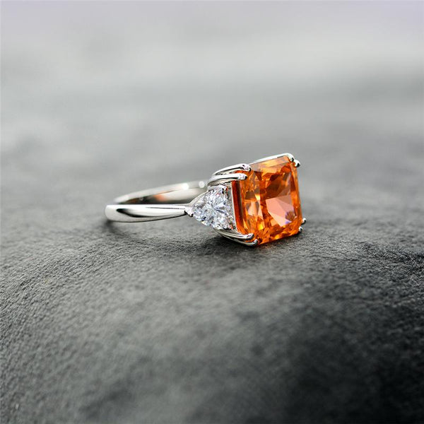 3 Carat Radiant-Cut Sunset Fiery Orange Padparadscha Simulant Three Stone Anniversary Ring