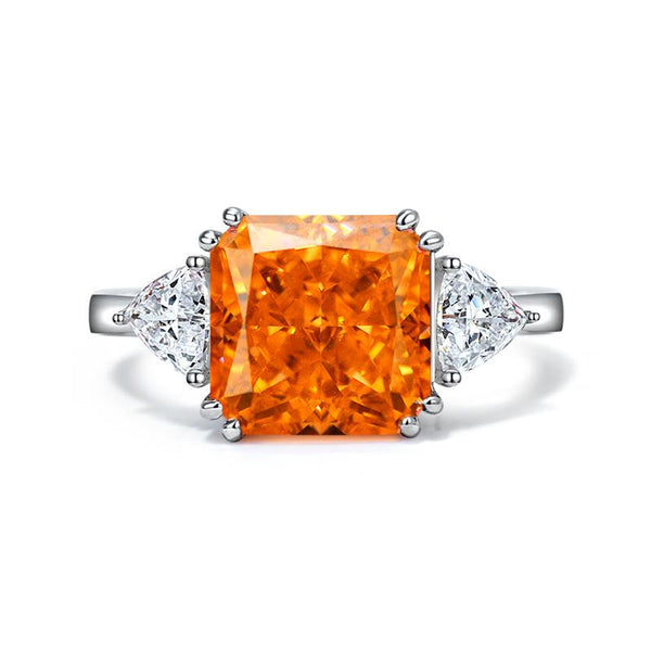 3 Carat Radiant-Cut Sunset Fiery Orange Padparadscha Simulant Three Stone Anniversary Ring