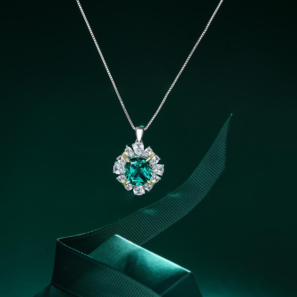 3 Carat Vivid Green Cushion Cut Lab-Created Emerald Halo Pendant For Anniversary Gift For Her