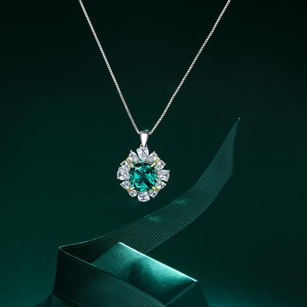 3 Carat Vivid Green Cushion Cut Lab-Created Emerald Halo Pendant For Anniversary Gift For Her