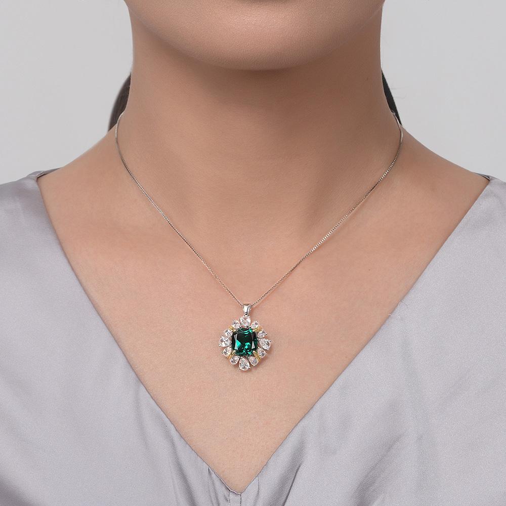 3 Carat Vivid Green Cushion Cut Lab-Created Emerald Halo Pendant For Anniversary Gift For Her
