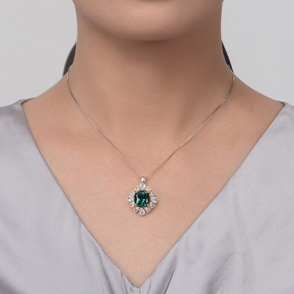 3 Carat Vivid Green Cushion Cut Lab-Created Emerald Halo Pendant For Anniversary Gift For Her