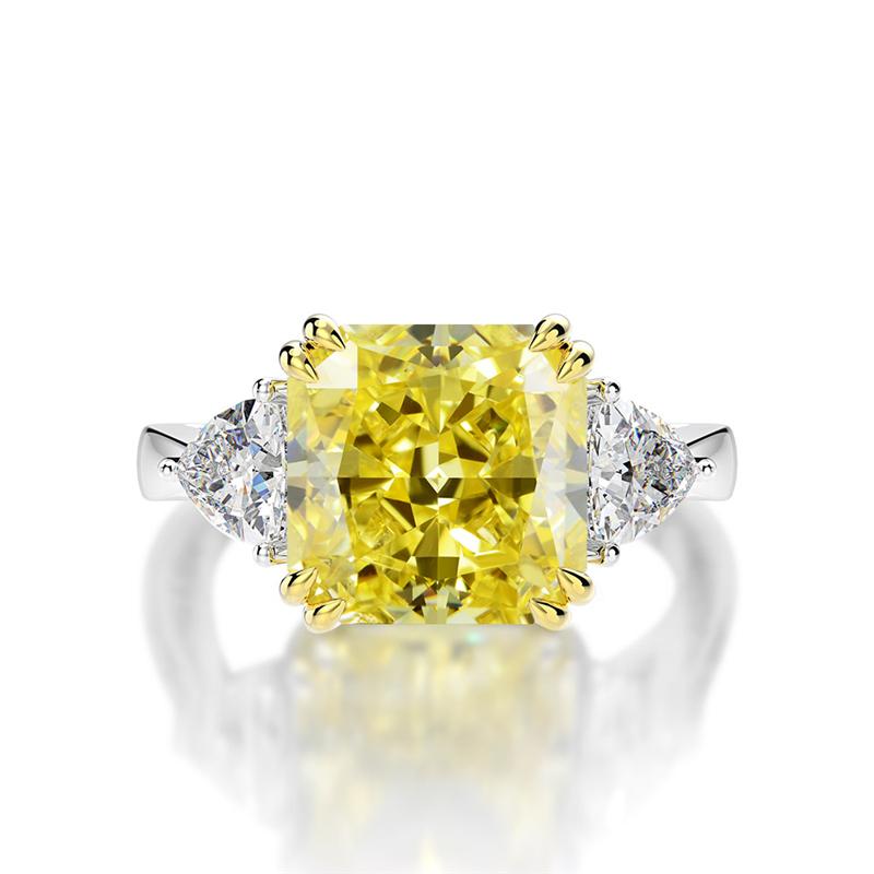 4-carat brilliant princess cut canary yellow diamond ring with three-stone halo design, ideal for weddings and luxury engagements.